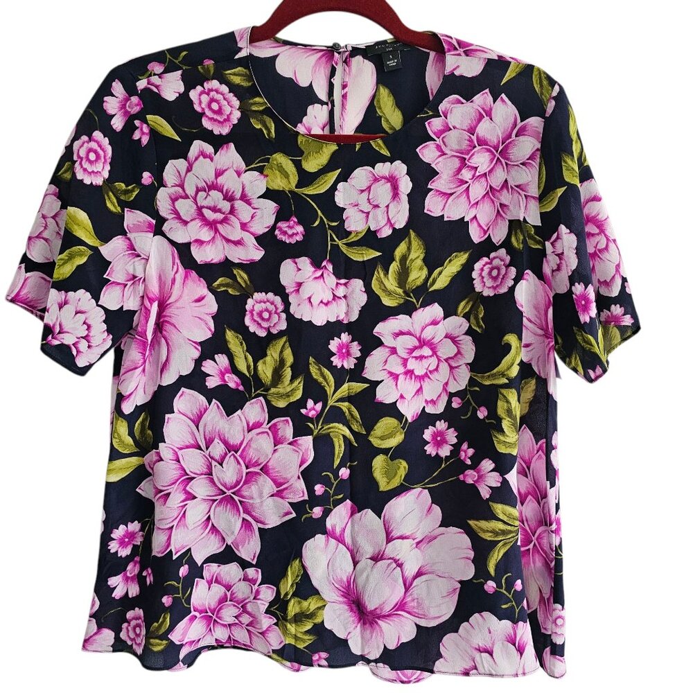 Ann Taylor Silk Navy Blue  Floral Pink Maximalism Bold Print Scoop Neck Top
